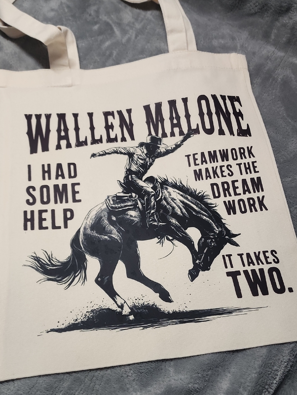 Wallen Malone Cowboy Rodeo Tote Bag in Natural with Black Print. 13x15